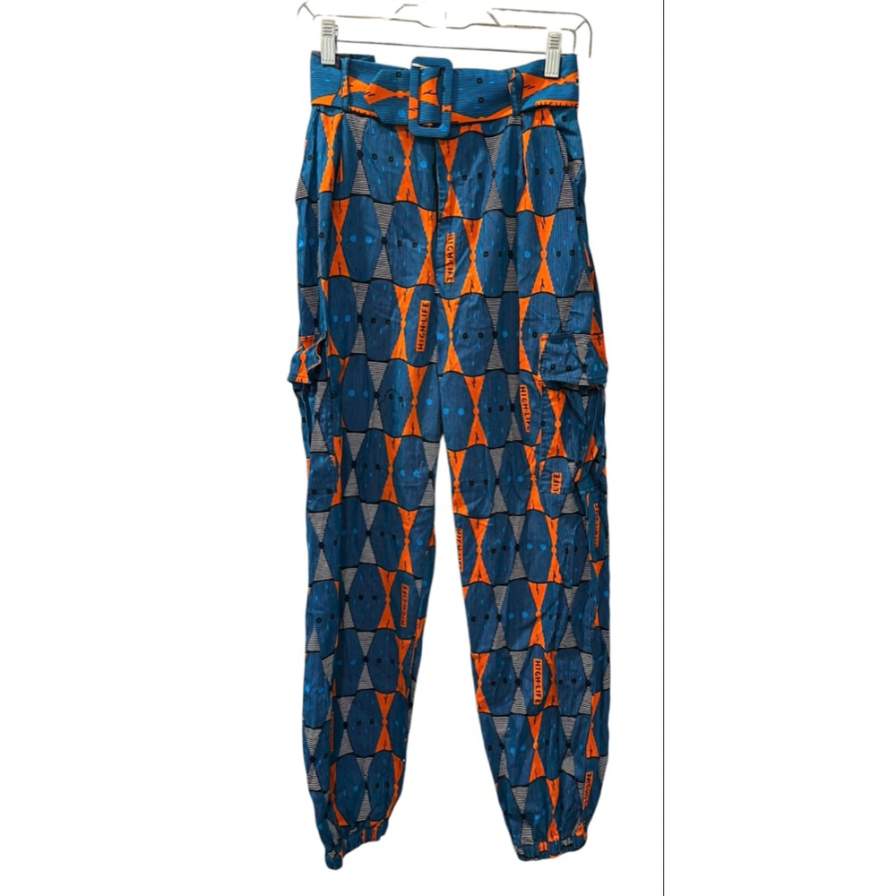 Ofuure Ankara High Life African Tribal Print Cargo Pants Size Medium Belted Blue